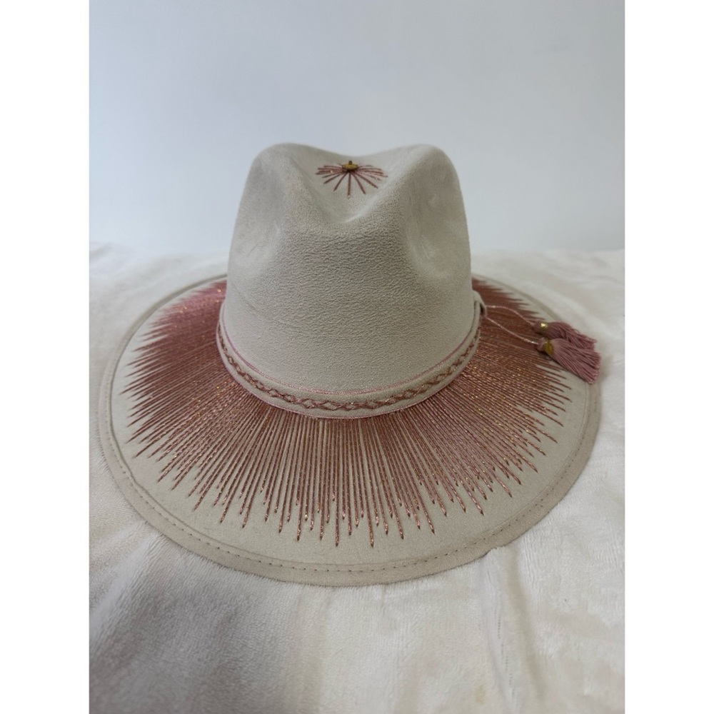 Handmade Beige and Pink Embroidered Wide-Brim Fedora Hat